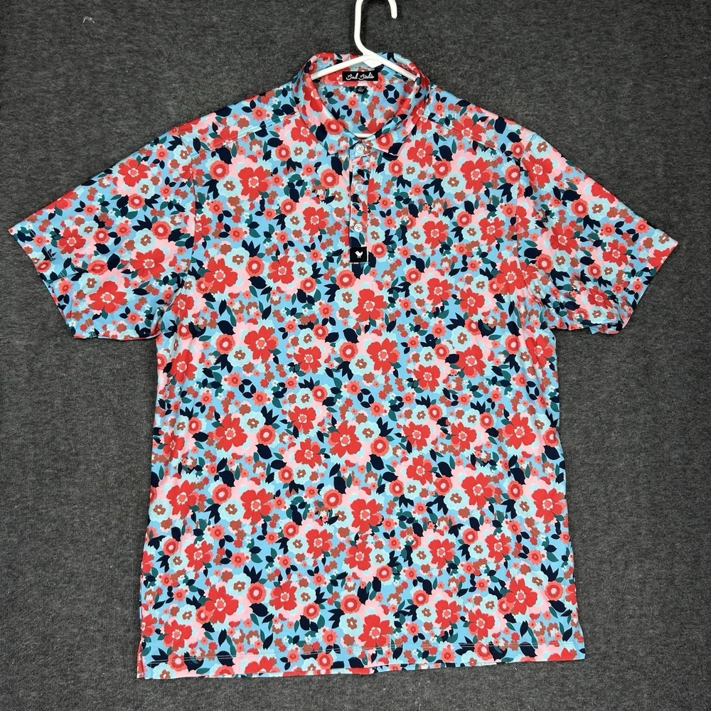 Bad Birdie USA Polo Shirt Mens XL Floral Print Golf Stretch Short Sleeve - Picture 2 of 13